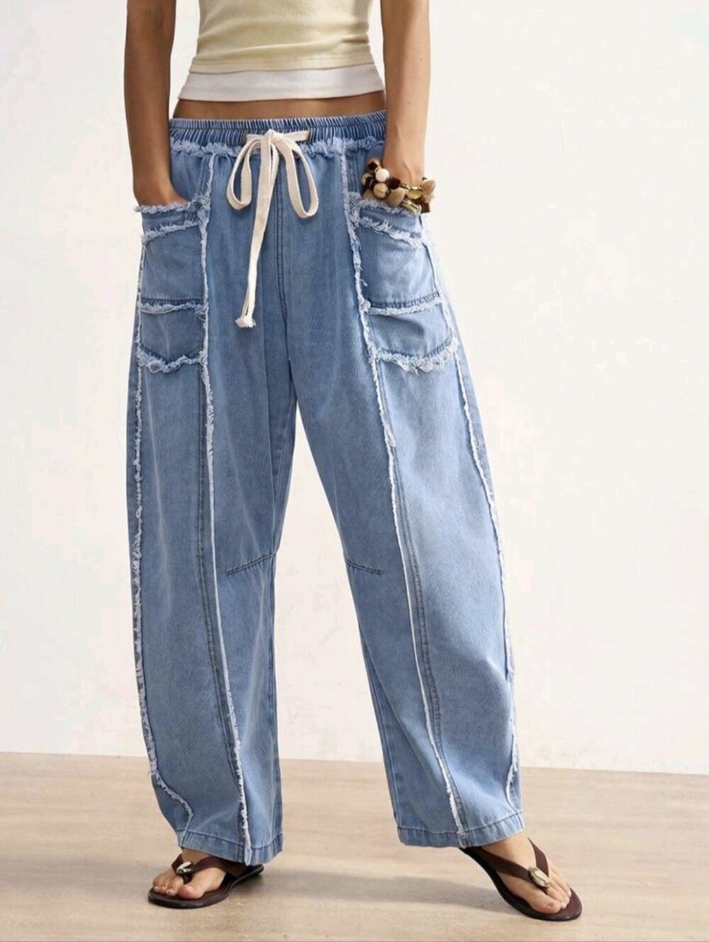 Women's Drawstring Waist Frayed Pocket Loose Casual Streetwear Boho Denim Long